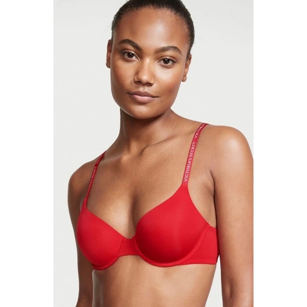 VICTORIA'S SECRET‎ Red Logo Bra T-Shirt Lightly Lined Demi White Straps Sexy 38D